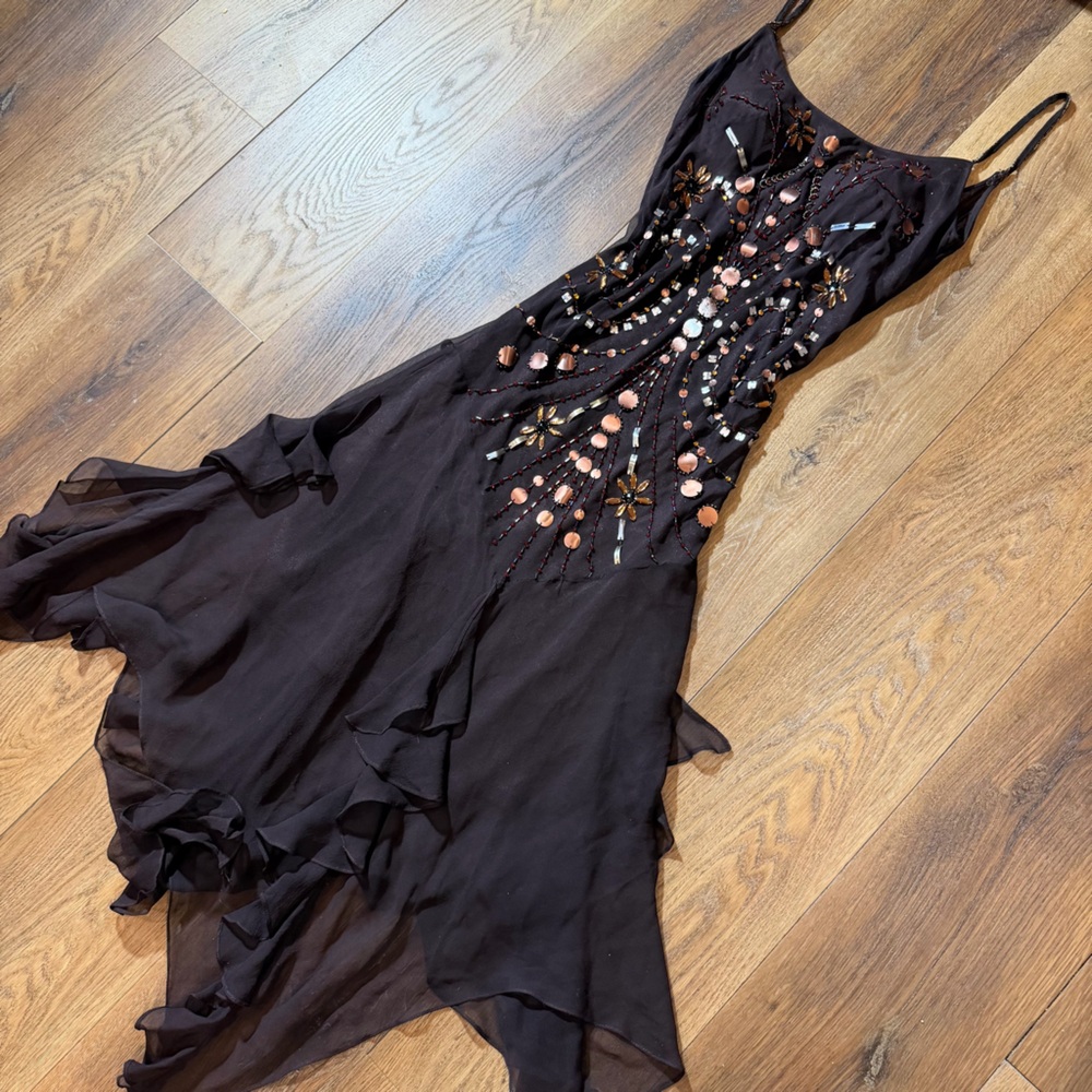 Vintage Y2K 100% Silk Beaded Dress Vintage Beaded Dress Fairy Brown Flapper Prom